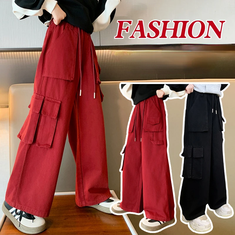 

6 8 10 12 14 Years Girls Black Wine Red Cargo Pants Wide-leg Trousers Spring Fall Fashion Casual Teenager Girls Straight Pants