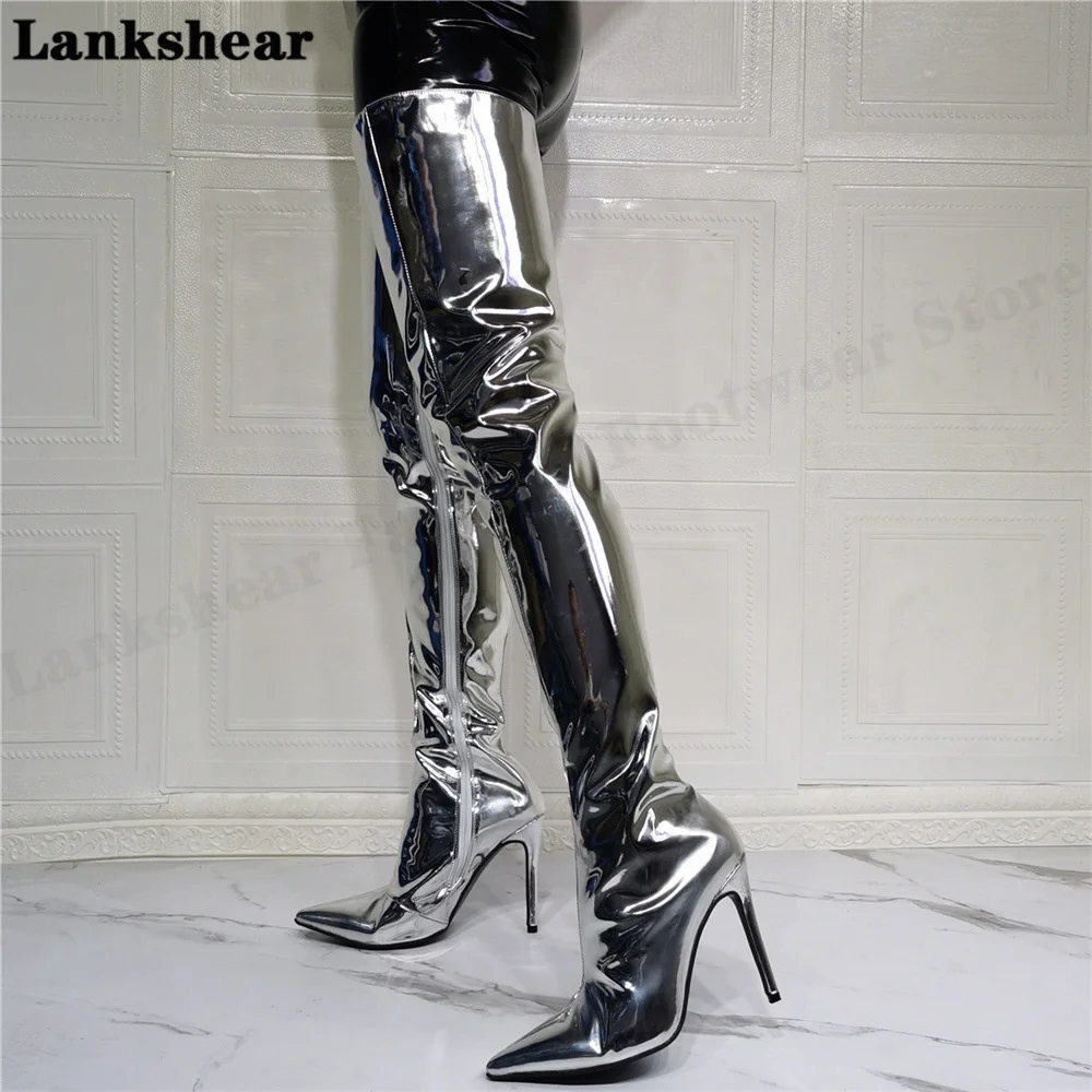Silver Patent Over The Knee Boots Square Toe Knee High Boots Block High Heel Leather Dress Women Boots Winter Fashion Shoes