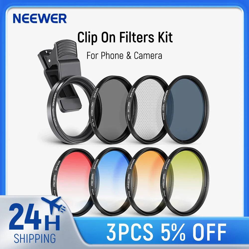 NEEWER 52mm Filter Set For Phones & Cameras - Includes ND32, CPL, Star, & Color Grad Filters With Phone Clip