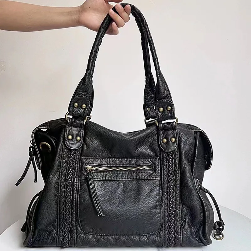 New Fashion Vintage Handbag Shoulder Bag Soft Washed Motorcycle Style Large Capacity Travel Tote