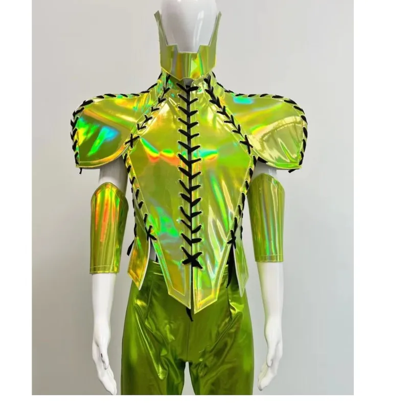 

Celebrate Outfit Set Evening Prom Party Costume Sexy Bandage Green Laser Reflective Helmet Armor Pants Cosplay Dance