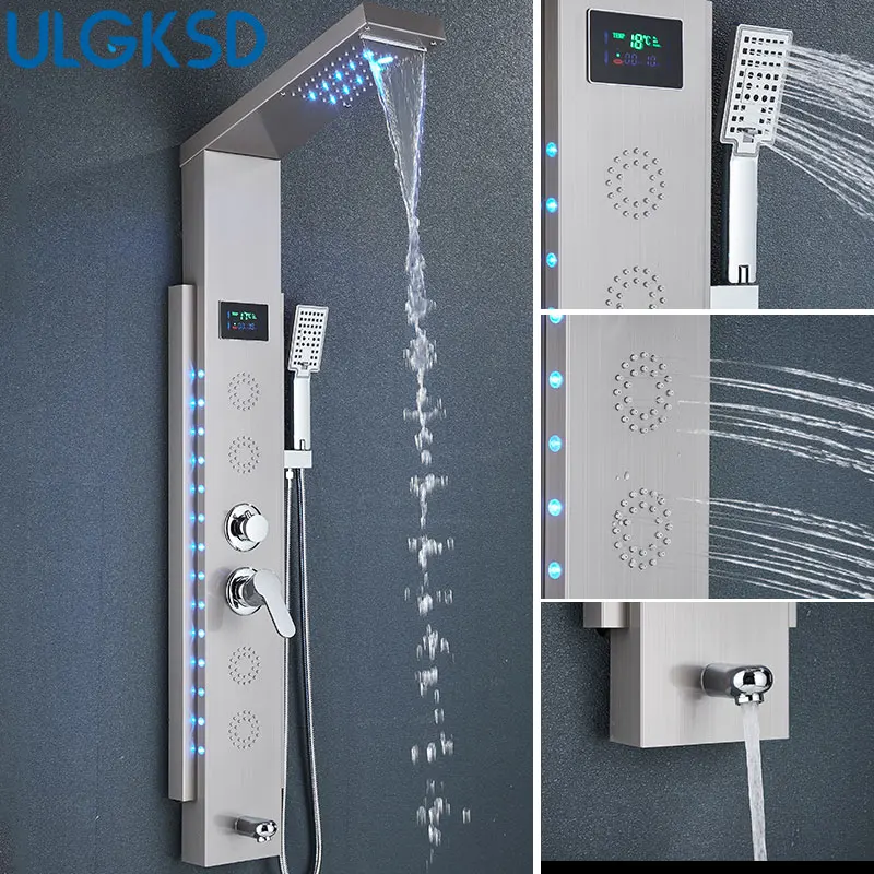 ULGKSD Full Faucet Set System LED Bathroom Showers Panel Hot&Cold Shower Column Rainfall And Waterfall Faucet Bathroom Mixer Tap 3