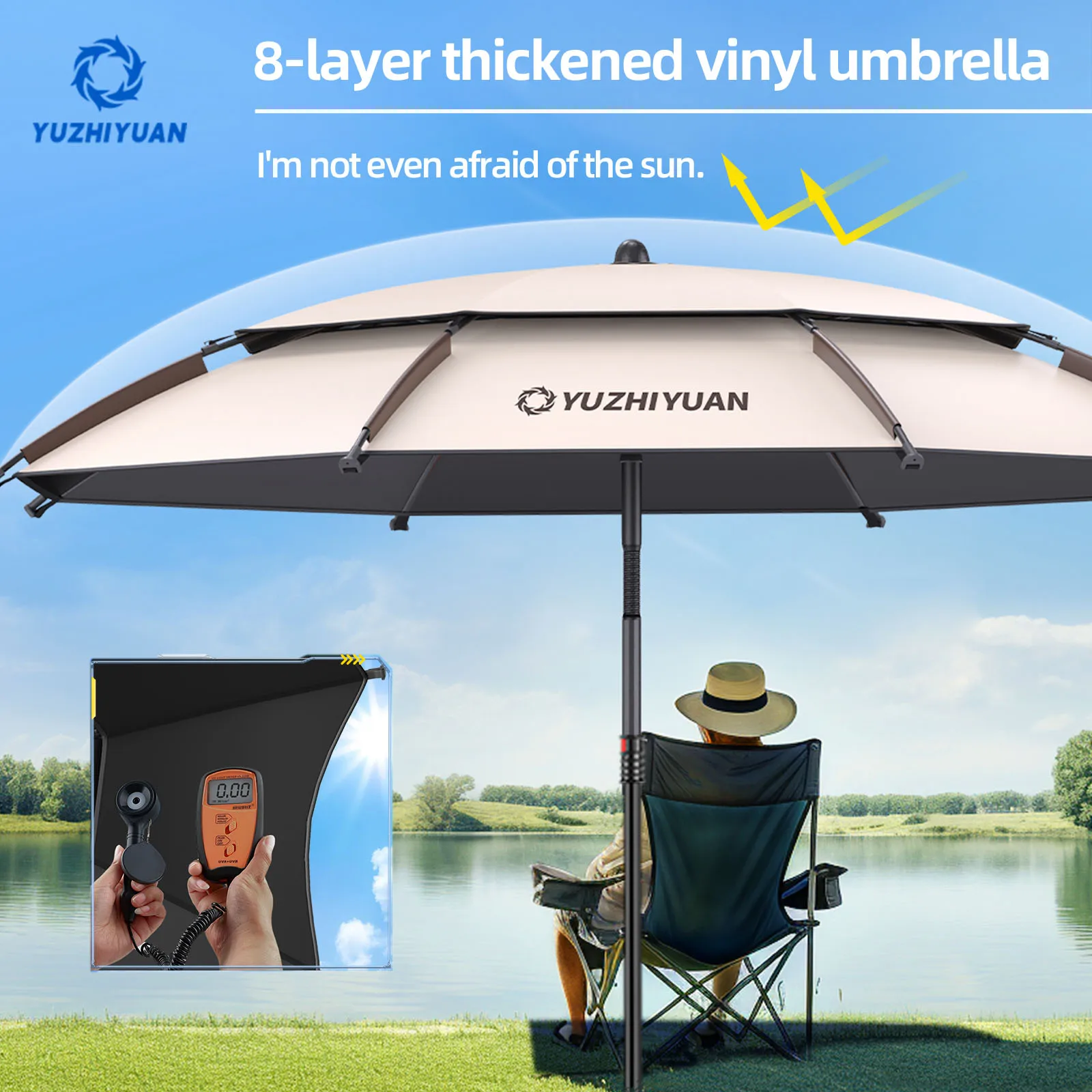 Parapluie de pêche 360° ajustable UPF50+ - Protection solaire optimale avec revêtement noir pliable