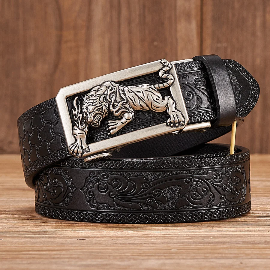 Fashion Tigger Buckle with Tang Grass Pattern Leather Belt for Men Work of Art Automatic Business | Аксессуары для одежды