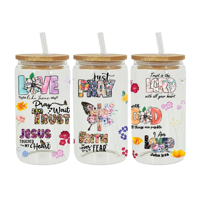 Christian Bible Faith Cross Design UV DTF Transfer Sticker WaterproofDecals For 16oz Libbey Glass Can Cup Wrap D7735 dtf transfer sticker