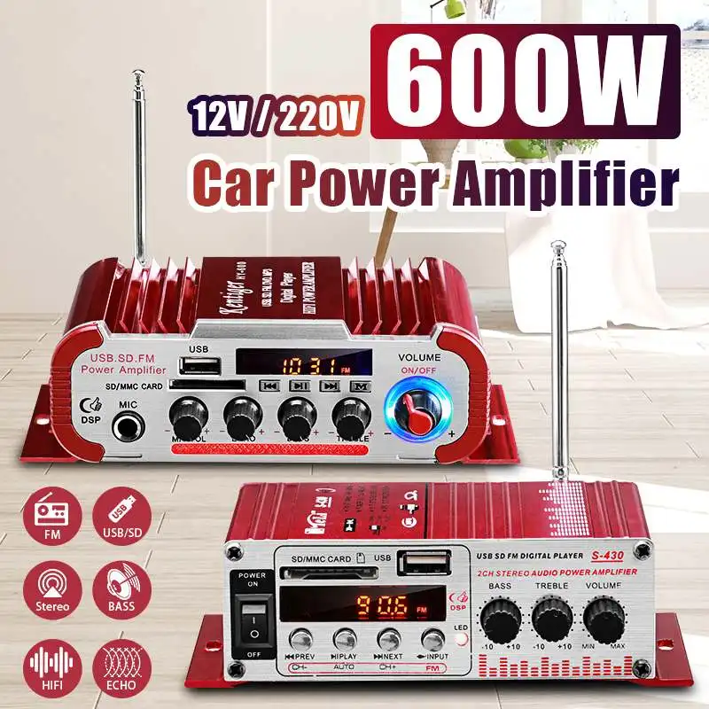 HY60 600W 2CHHifi 오디오 홈 디지털 앰프 자동차 오디오베이스 전력 증폭기 마이크 FM USB SD 라디오 서브 우퍼 스피커 12V/220V