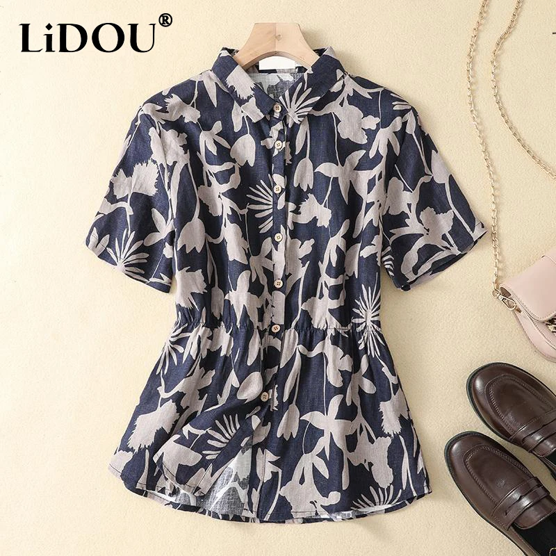 

Summer Floral Vintage Cotton Linen Shirt Women Short Sleeve Loose Casual Lady Blouse Aesthetic Elegant Fashion Female Clothes