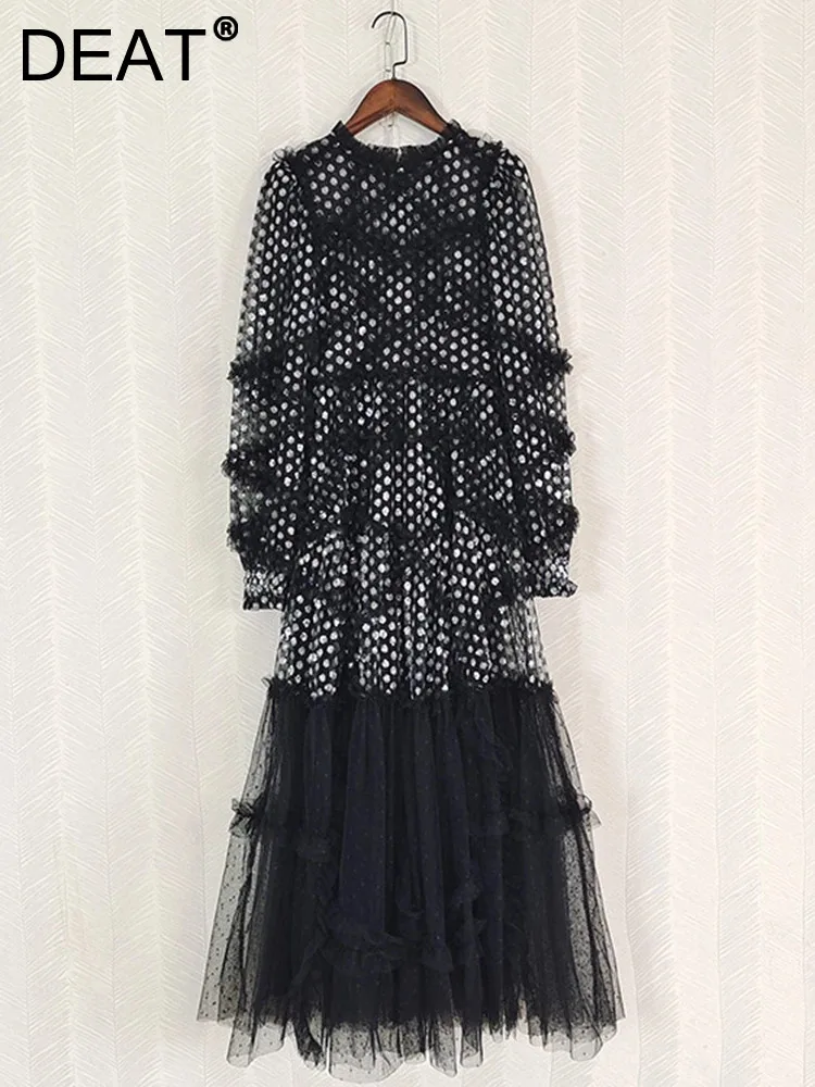 

DEAT Gauze Women Dress Chic Style Fashion Full Sleeve Sequins A Line Medium Long Dot Print New 2024 Elegant Lady Cloth 15KB5889