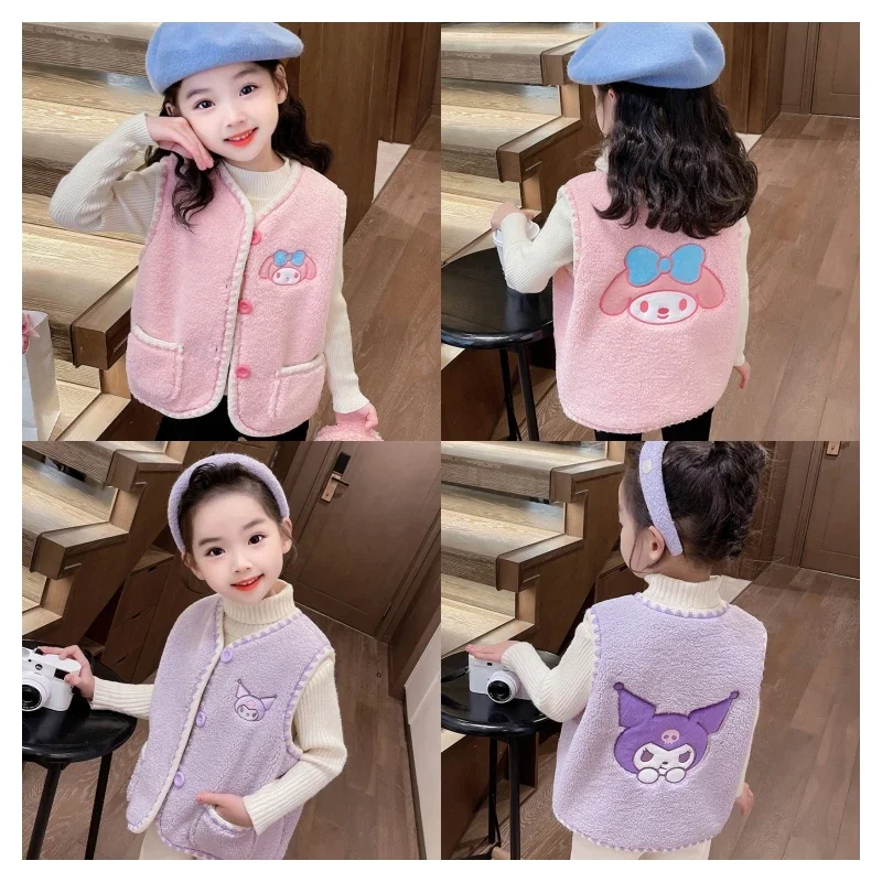 

Sanrios Anime Children Plush Vest Kawaii My Melody Kuromi Fashion Autumn Winter Girls Tank Top Cartoon Cute Warm Coat Kids Gift