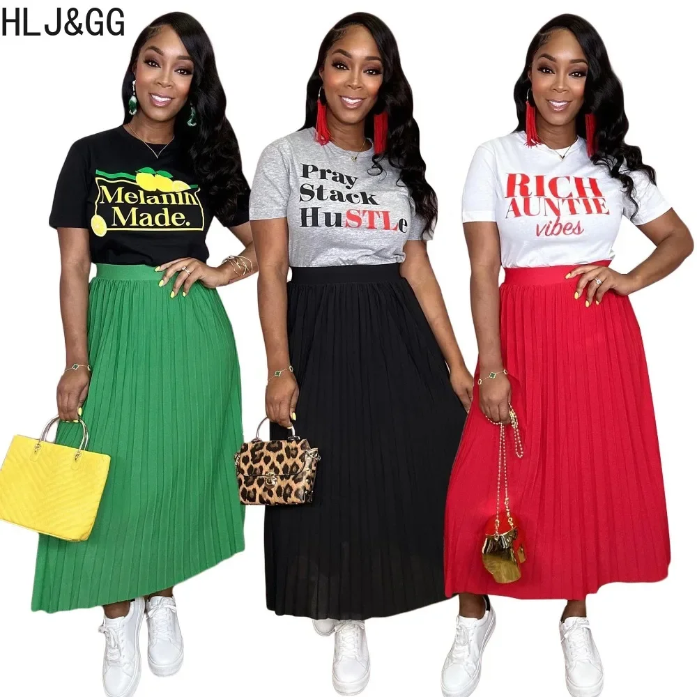 HLJ&GG Casual Letter Print Pleated Skirts Two Piece Sets Women O Neck Short Sleeve Tshirt And Skirts Outfit Female 2pcs Clothing women s fashion waistcoat loose pleated dress suit for pregnant 2pcs full sleeve pregnancy dresses sets casual maternity clothes