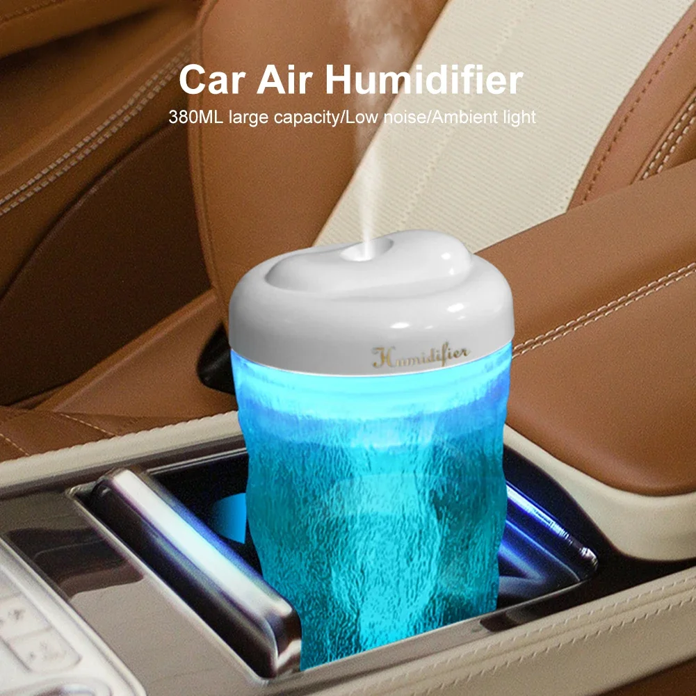 380ML Car Humidifier Air Purifier Low Noise Air Humidifier with Atmosphere Light USB Power Aroma Diffuser for Car Bedroom Office
