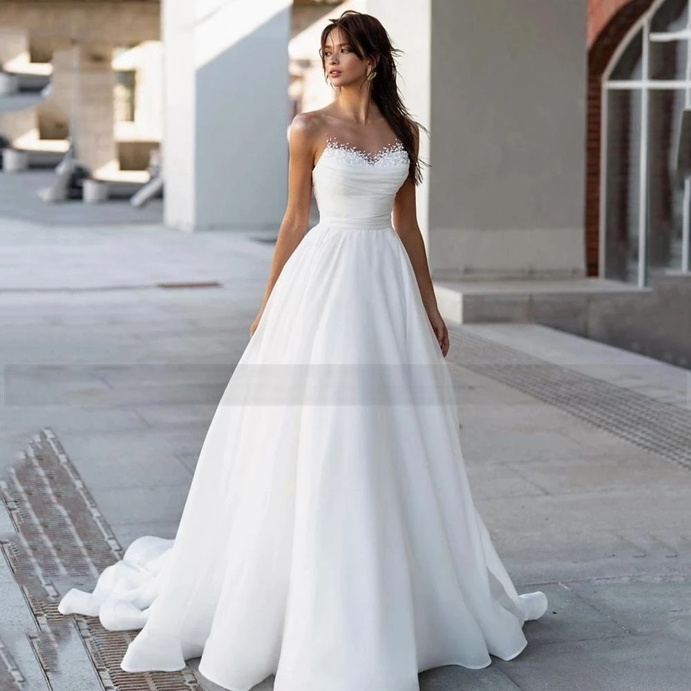 

Vestidos de Noiva White Custom Made Wedding Dresses 2024 Beads Pearls A line Bride Dress Customize To measures Robe De Mariee