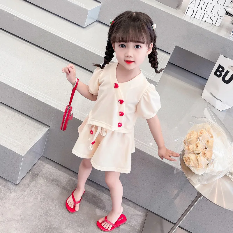 

Summer Children Clothing Sets Baby Girls Tops Shorts Beach Vacation Kids Love Buttons Princess Clothes Infant Outfits 2-8 Years