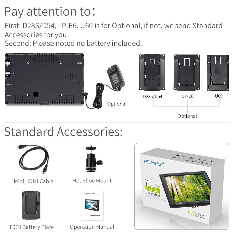 FEELWORLD FW279S 7 Inch 2200nit Daylight Viewable 3G-SDI HDMI on Camera DSLR Field Monitor 4K HDMI 1920X1200 + Battery Charger