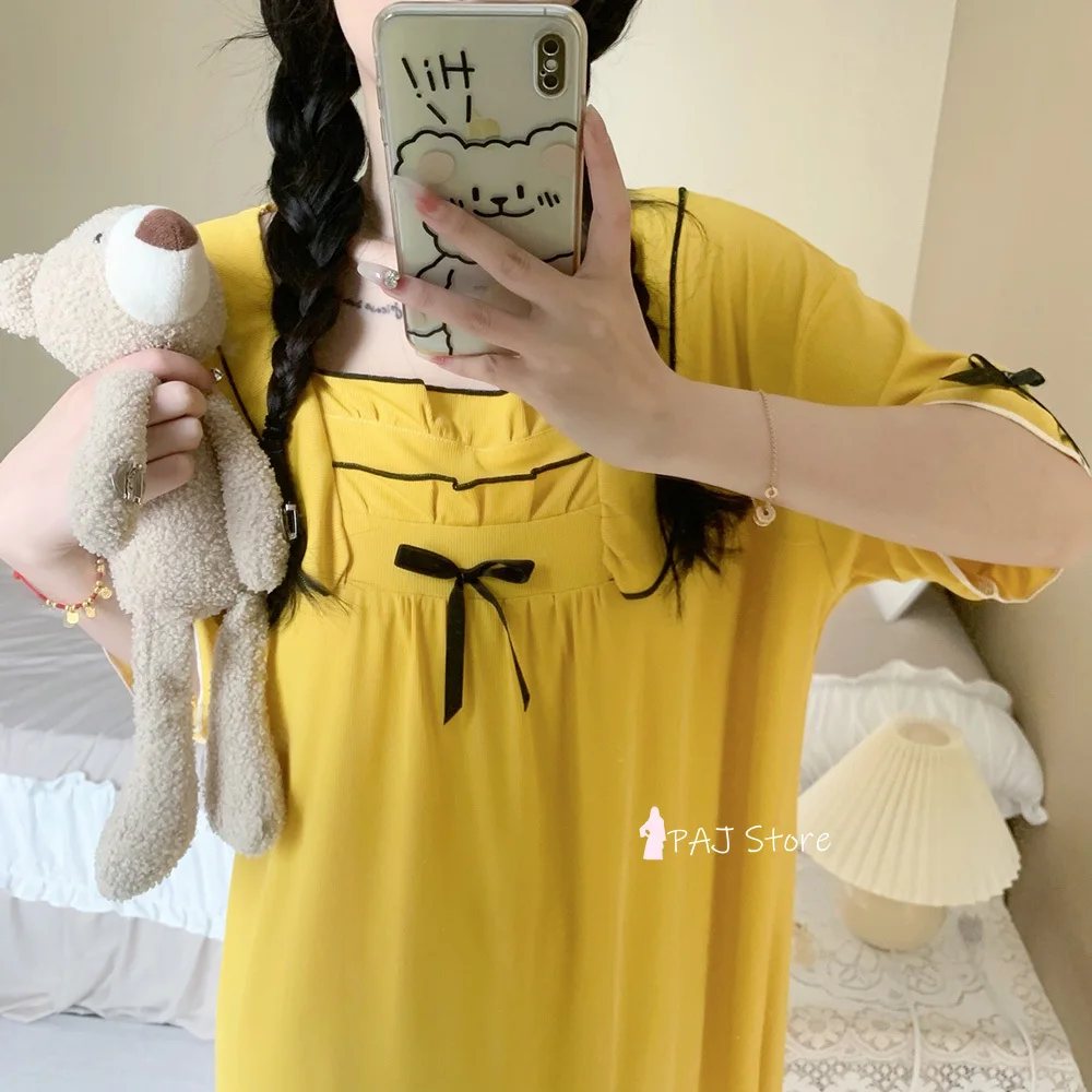 Summer Nightdress Ladies Silk Large Oversized Pajamas Homewear Long  Nightgown Cute Female Dress M-7XL Home Clothes Sleep Tops