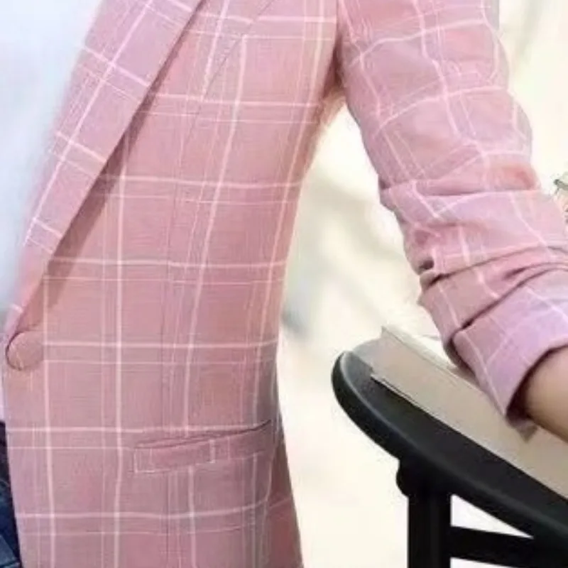 Spring and Autumn Women's Solid Color Suit Collar Pocket Button Plaid Slim Fit Long Sleeve Coat Fashion Elegant Casual Tops