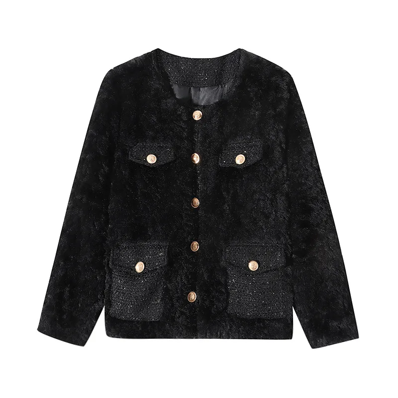 Jacket Women's Solid Color Cotton Thickened Warm Basic Color Short Lambswool Plush round Neck Splicing Coat AutumnWinter Fashion