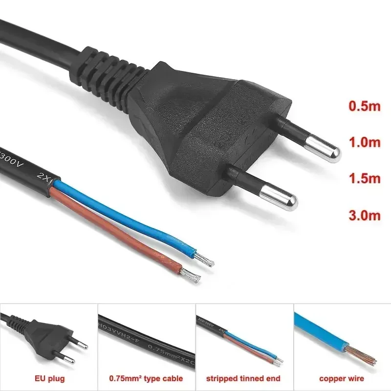 Euro Plug 220V Power Cord with Type C Plug - 0.5m, 1.5m, 3m Length Options for Extension Sockets and Lamps
