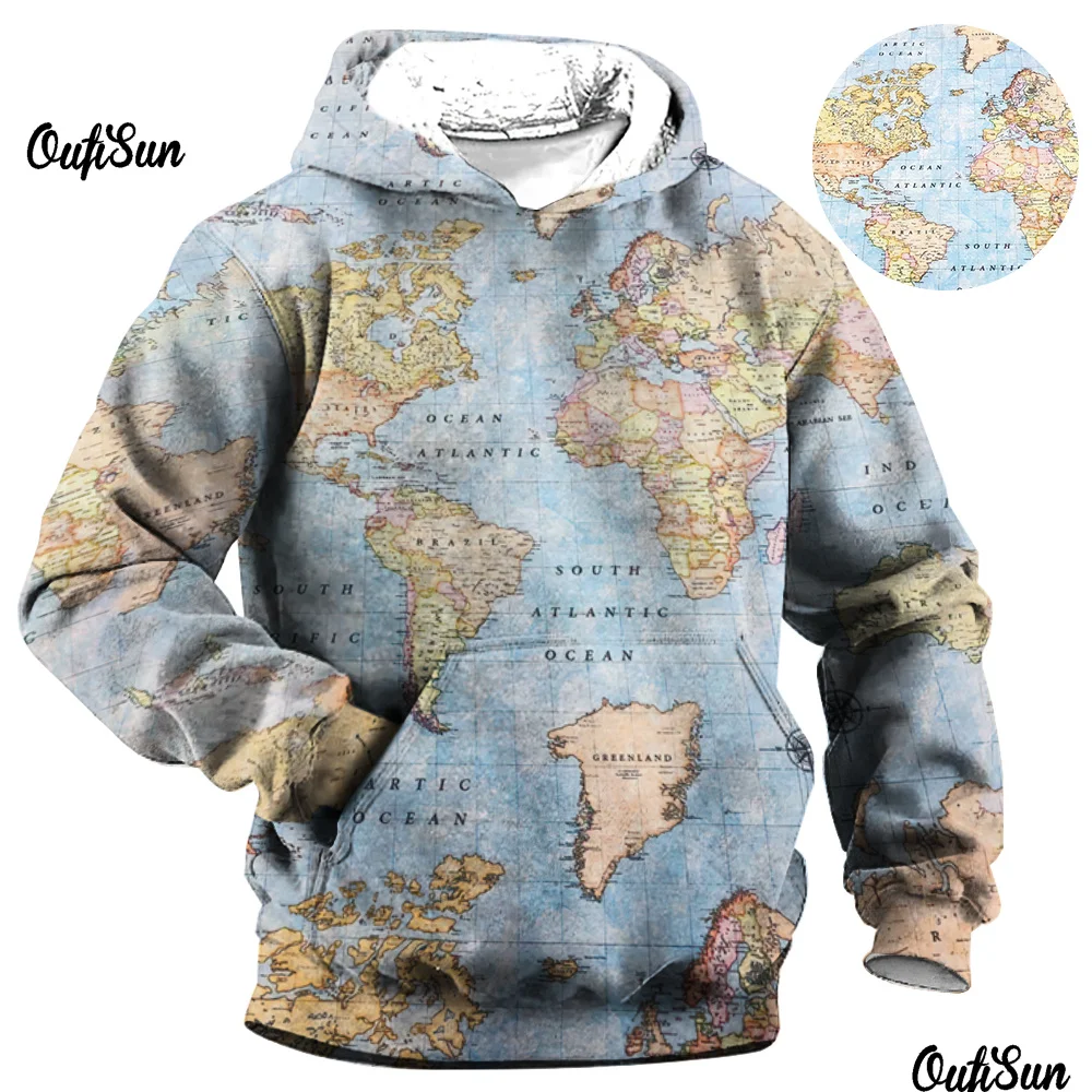 

Vintage Men's Hoodie 3d Map Print Street Designer Long Sleeved Loose Oversized Pullover Vintage Tops High-Quality Men's Clothing