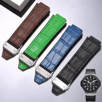 Genuine Leather Watch Band For HUBLOT BIG BANG Waterproof Men Black Green Blue Brown Watch Strap Rubber Bracelet 25mm*19mm