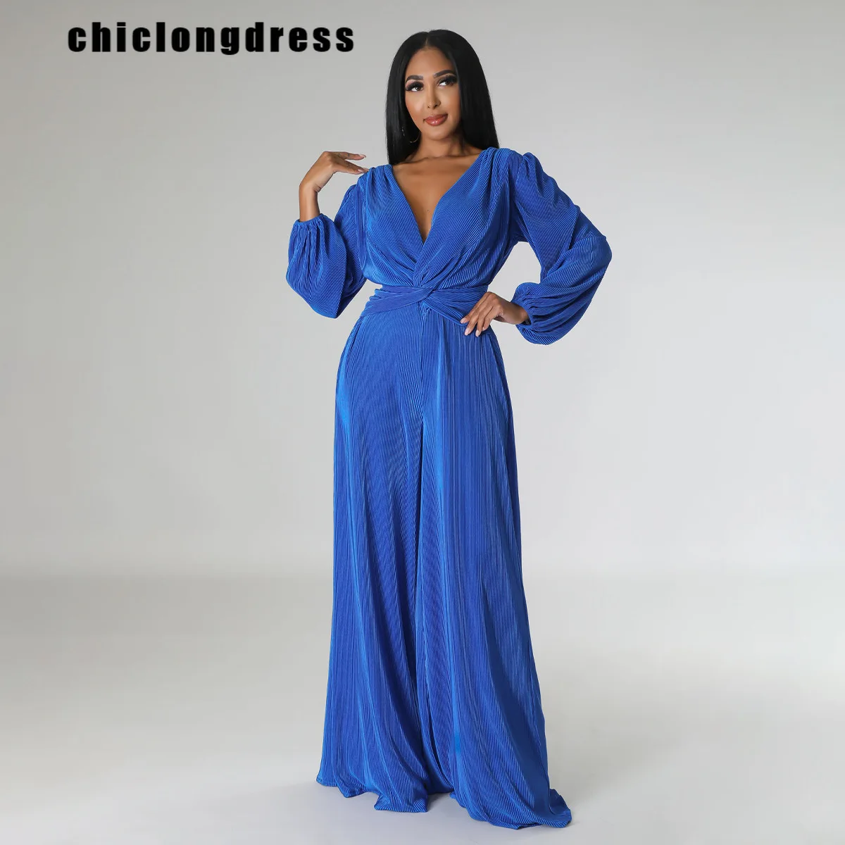 Autumn Winter Fashion Solid Pleated Jumpsuit Women Casual Loose V-neck Long Sleeved Wide Leg Pants Jumpsuit Women