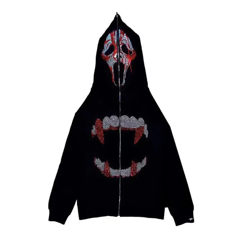 Y2K-Sudadera con capucha para hombre y mujer, chaqueta de manga larga con cremallera y diamantes de imitación, estilo gótico, ropa de calle de gran tamaño, a la moda