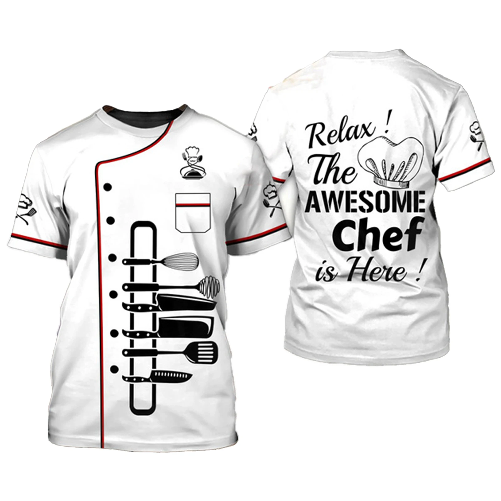 Unisex Chef Jacket Men Women Chef T-Shirt Short Sleeve Shirt with 3D Print Chef\'s Jacket Uniform Printed Tee Top Chef Undershirt