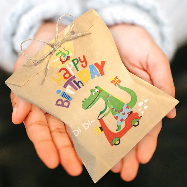 24 ensembles de sacs en papier Kraft de remerciement, mignon arc-en-ciel Dino, pochette cadeau joyeux anniversaire, sac à cadeaux de fête à fleurs rétro, fournitures de bonbons et de biscuits 4