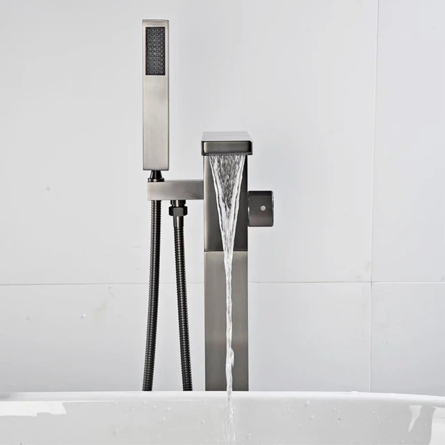 มือจับเดี่ยวทำจากทองเหลืองสีดำก๊อกน้ำในห้องน้ำแบบตั้งพื้นดีไซน์แบบฝังทั้งน้ำเย็นและร้อนดีไซน์แบบเรียบง่ายหรูหรา 5