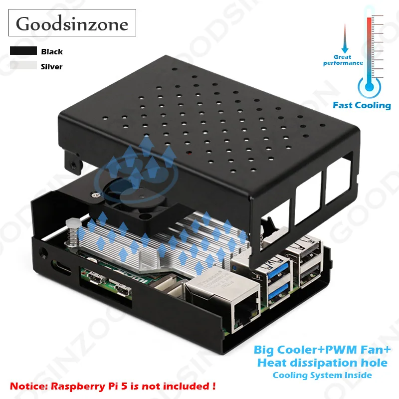 

Aluminum Case with Fan Heatsinks Kit for Raspberry Pi 5, Metal Case Shell Box Cooling Cooler Heat Sinks for Pi5 8GB/4GB