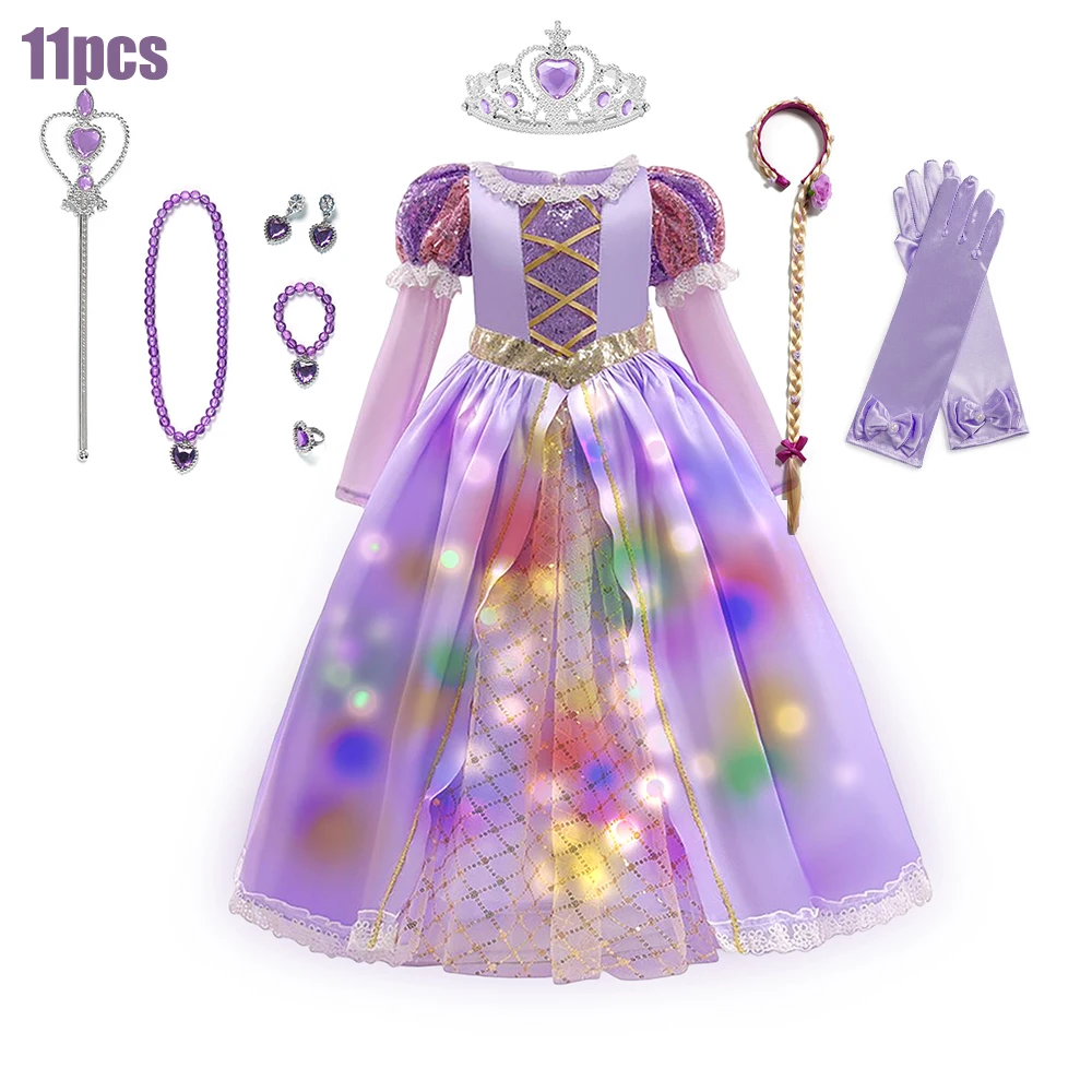 thumbnail image 5 of Disney-disfraz de princesa Rapunzel para niña, vestido de baile de lujo con luz LED, fiesta de carnaval, Cosplay, 3 a 8 años, 2024, 5 of 5