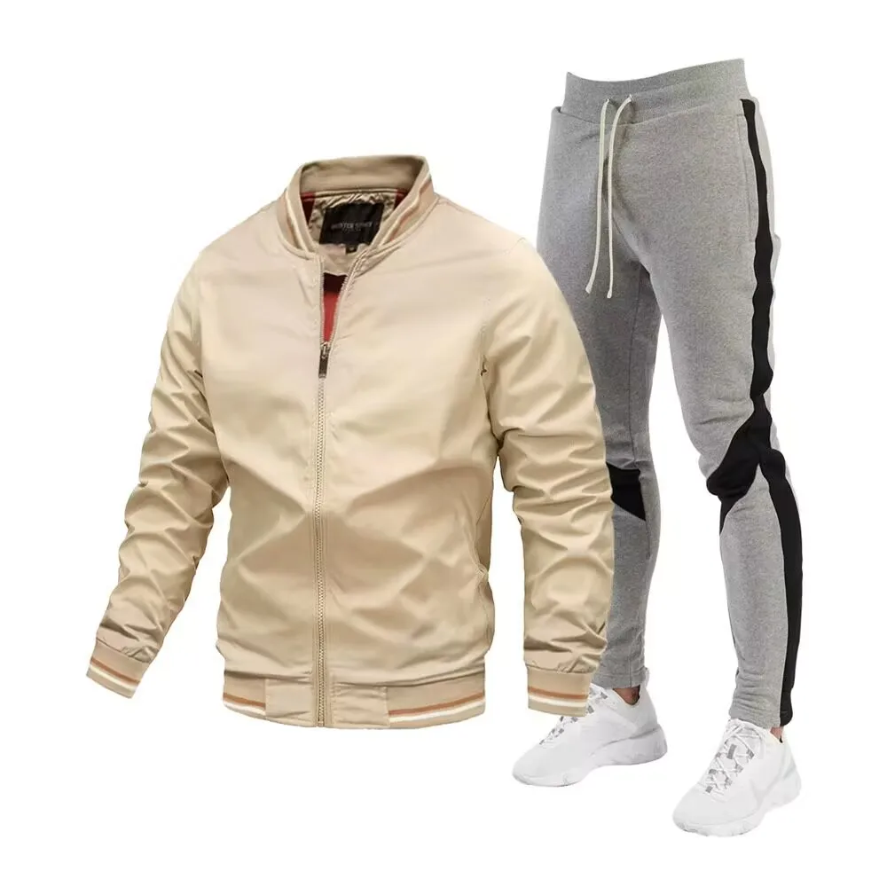 Spring and Autumn New Men's Jacket Set Fashion Standing Neck Zipper Windproof Tops+Pants Two Piece Casual Sports Baseball Jacket new men two piece set tracksuit autumn casual zipper jacket pants sweatshirt slim coat men s sports suits sportswear clothing