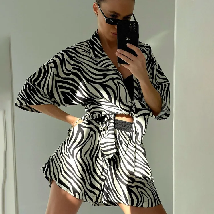 Women Two Piece Sets Outfits Zebra Printed Loose Shirt Tops And High Waist Shorts Set 2025 Casual Streetwear Summer New