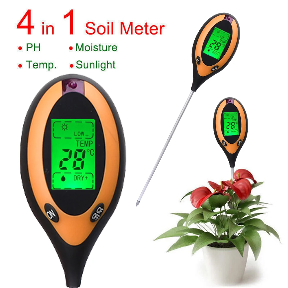 Soil Moisture Sensor Soil Tester LED Display Soil Moisture Tester 4-in-1 Backlight PH Temperature Sunlight Detector for Garden Plant Care