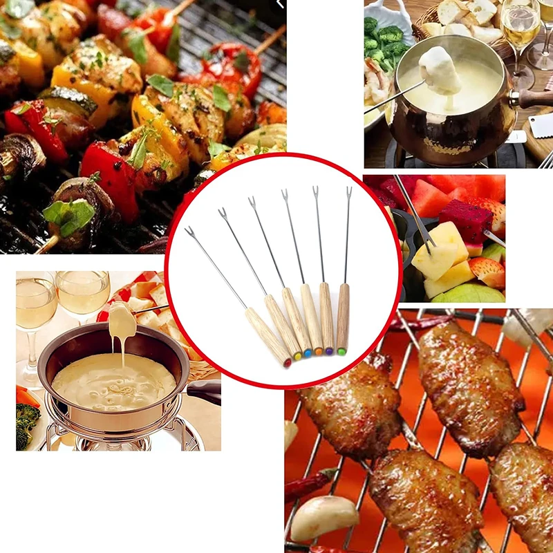 6Pcs Stainless Steel Fondue Fork Chocolate Fork With Wooden Handle Fruit Cake Cheese Pot Hot Fork BBQ Meat Skewer Kitchen Tool