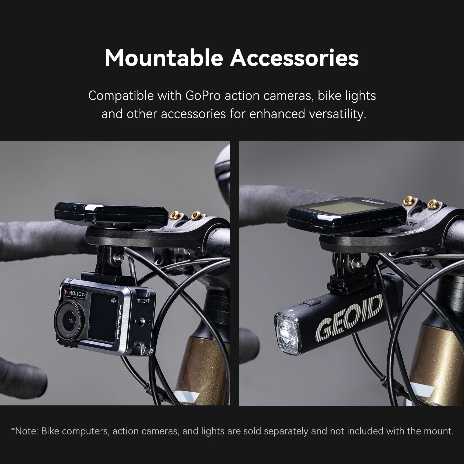 Support d'extension pour caméra sport et GPS vélo sur un vélo de route, avec deux appareils électroniques fixés.
