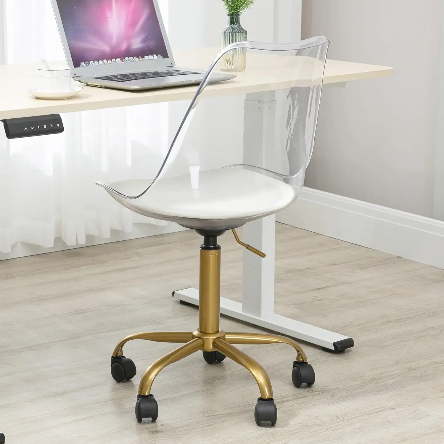 Acrylic Clear Desk Chair, Modern Small Cute Armless Vanity Rolling Plastic Chair Home Office Lucite Ghost Chairs Cushion Padded 4