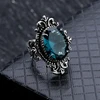 Huitan Carved Pattern Vintage Women Rings with Oval Blue CZ Stone Retro Female Rings for Party Chic Anniversary Gift New Jewelry