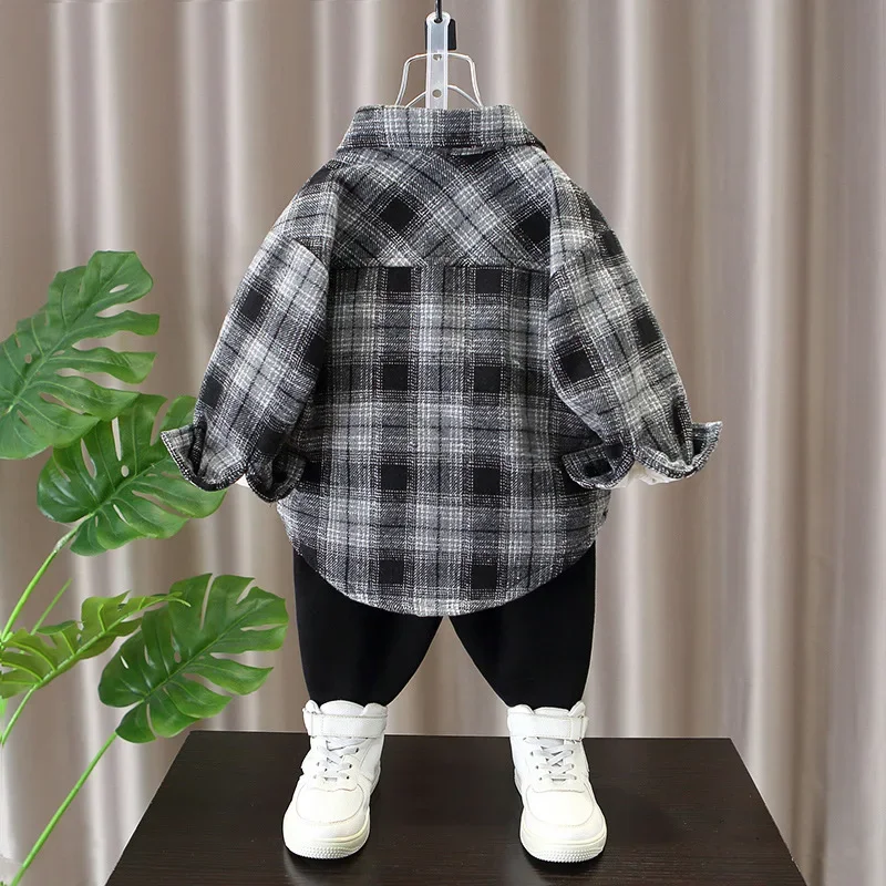 Thickened Flannel Children's Shirt Winter Plaid Patterned Casual Inner Wear for Boys Warm Outerwear Versatile Casual Top
