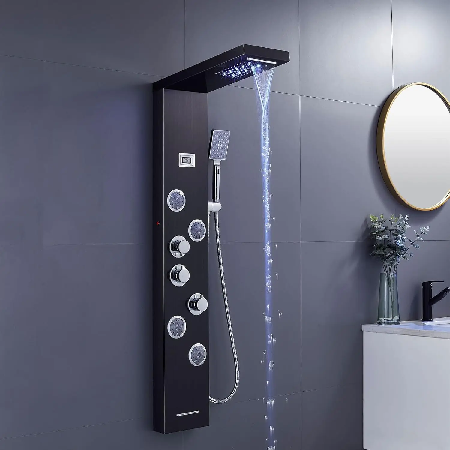 LED Shower Panels Tower System 304 Stainless Steel Bathroom Shower Panel System with 4 Body Jets Rainfall Waterfall Black