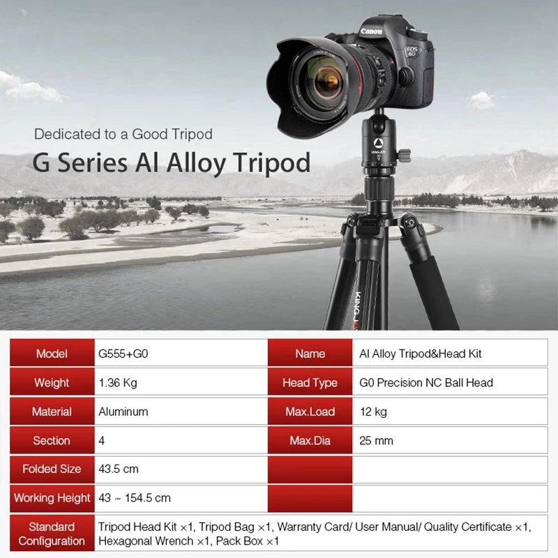 KINGJOY 전문 휴대용 삼각대 키트, 모노포드 스탠드 버클 잠금 볼 헤드, 여행 DSLR 카메라 사진, G555