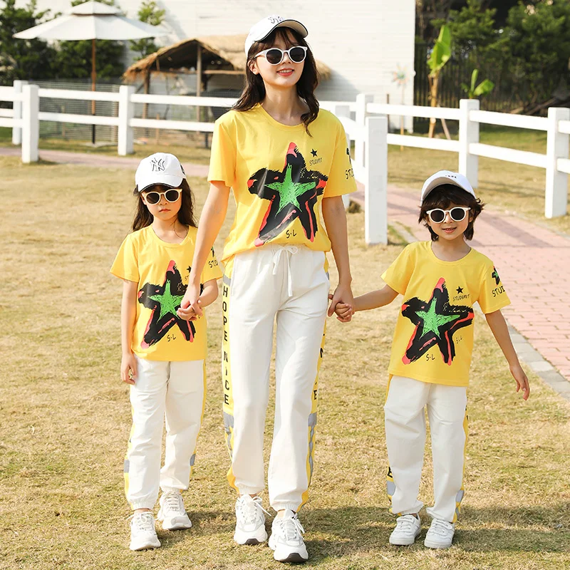 Summer Matching Family Outfits Mum Daughter Dad Son Short T-shirt +Pants Sport two-piece Suit Holiday Couples Matching Clothing