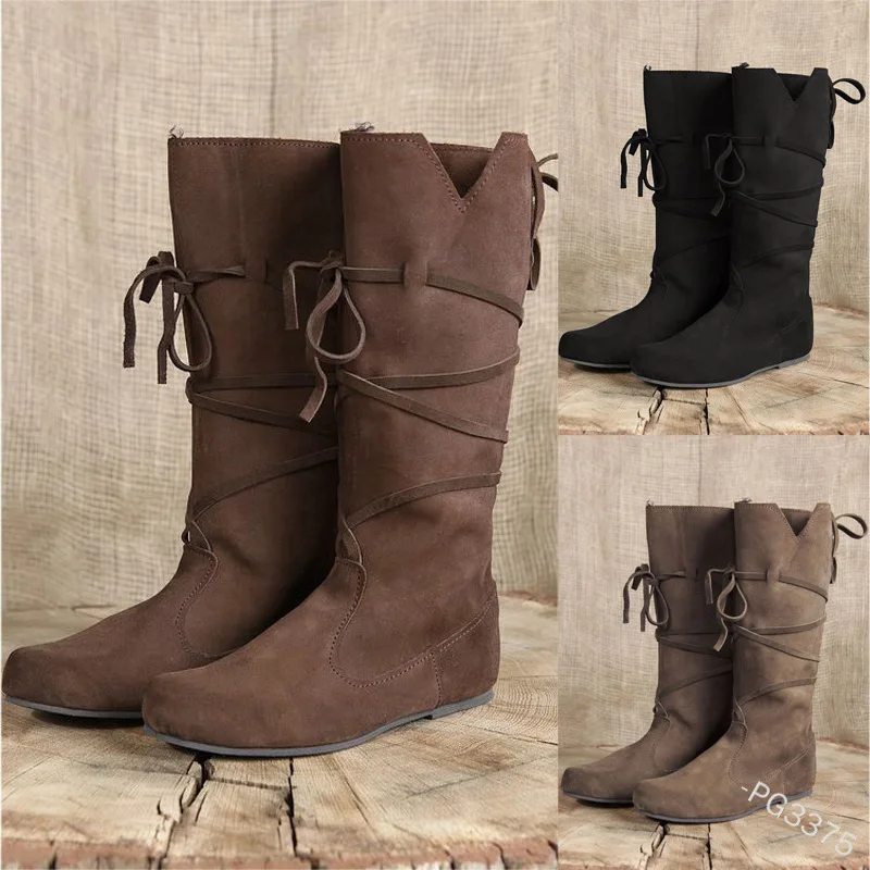 Ropa de vikingos Medieval Retro para hombres, botas de Caballería de suela gruesa de tacón plano, soldados de cuero PU, fiesta de Carnaval de fantasía