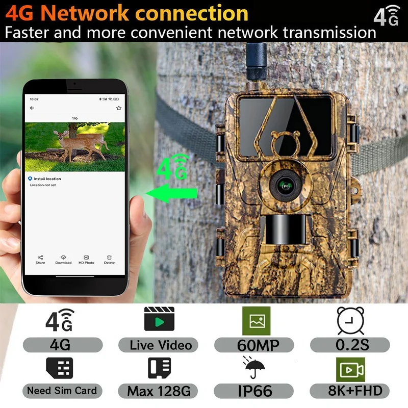 4G LTE Hunting Trail Camera 60MP HD 8K APP Control Night Vision Photo Trap with SIM card Cellular Mobile Wireless Wildlife Cam