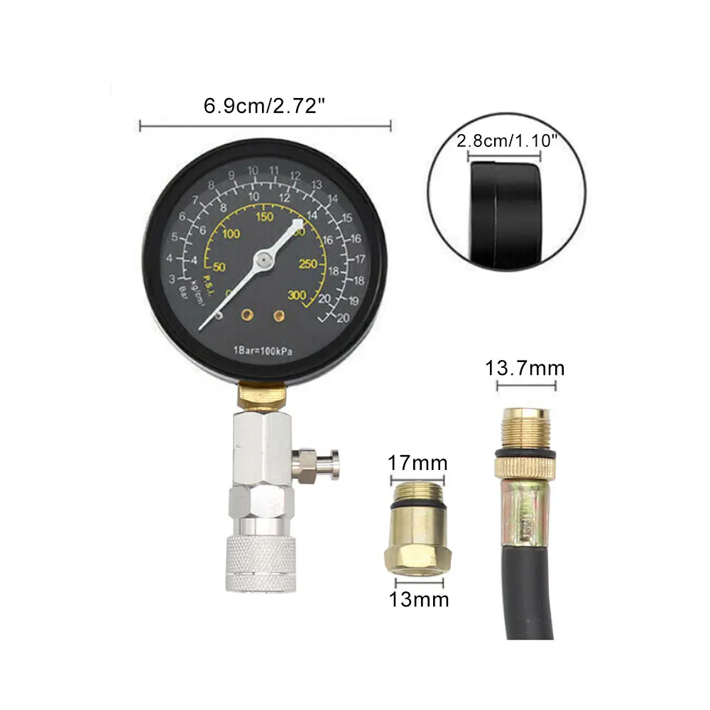 1pc 자동차 엔진 실린더 압축 테스트 도구 0-300PSI 압력 게이지 체크 테스터 공기압 진단 수리 도구 키트