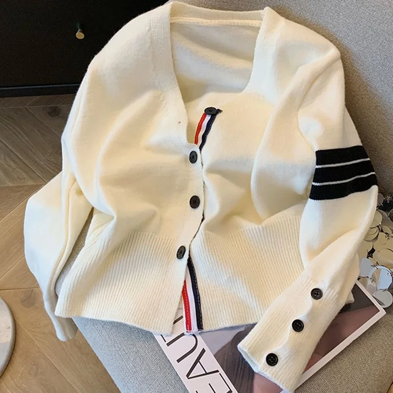 

Spring Autumn Contrast Color Stripe Knit Cardigan Women Long Sleeve Cashmere Wool Sweater Coat V-Neck Brand Long Knitwear H628