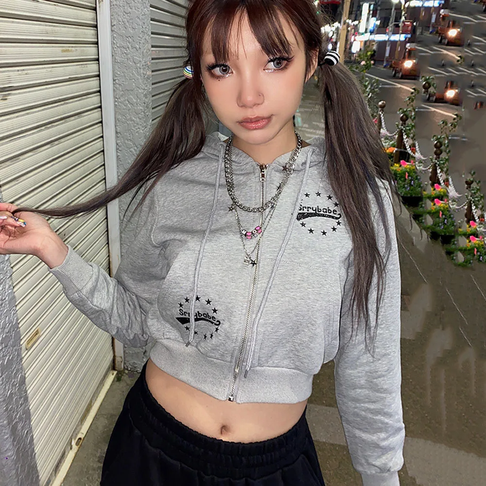

Japanese Cropped Sweatshirt Jacket 2000s Aesthetics Kawaii Hoodie Harajuku Grunge Y2k E-girl Short Coat Fairycore Streetwear