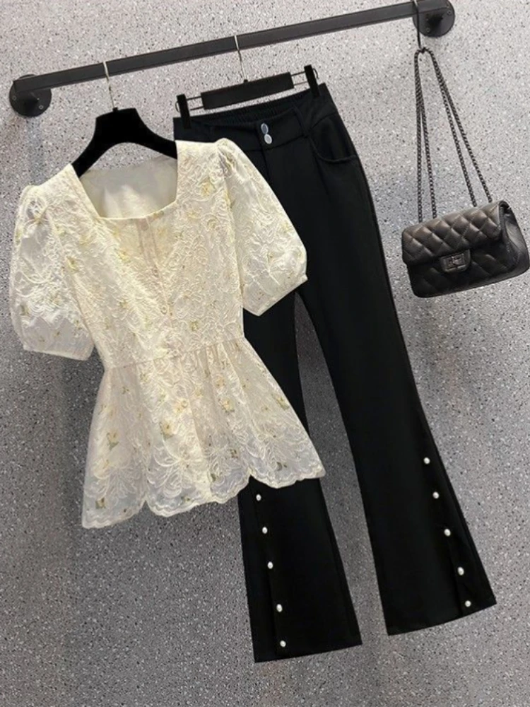 

2 Piece Sets Womens Outfits Square Collar Printing Tops Solid Color Bell Bottoms New In Matching Sets Elegance Office Streetwear