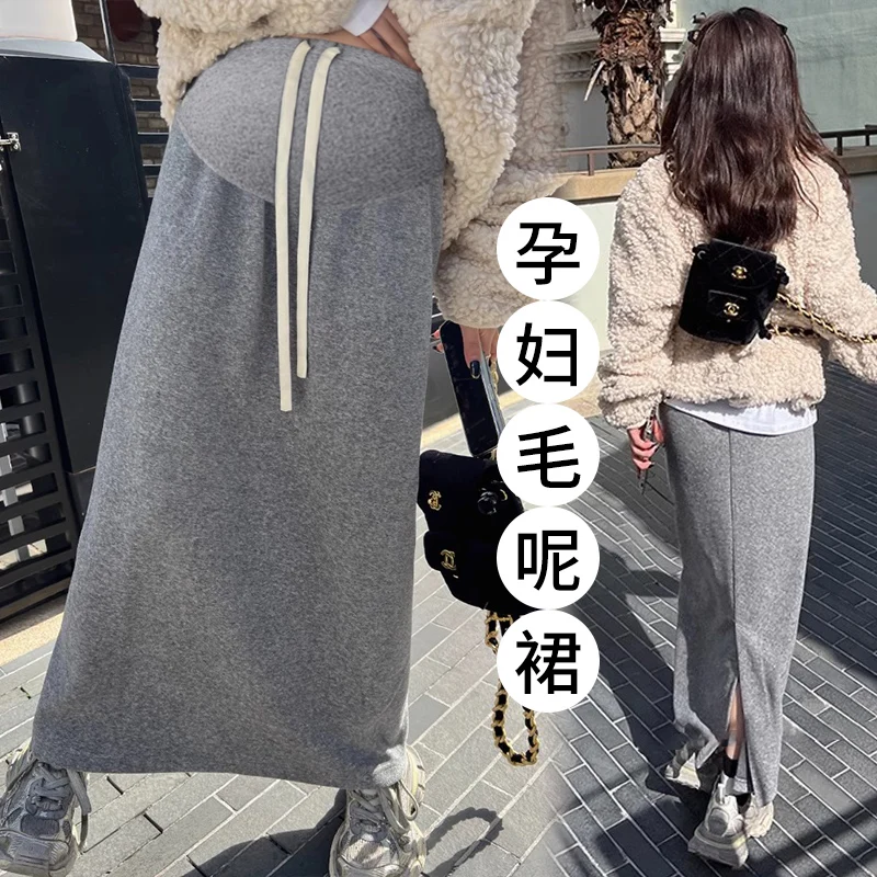Autumn Winter Cashmere Long Skirts Maternity One Size Stretch Elastic Waist Belly Loose Straight for Pregnant Women Pregnancy