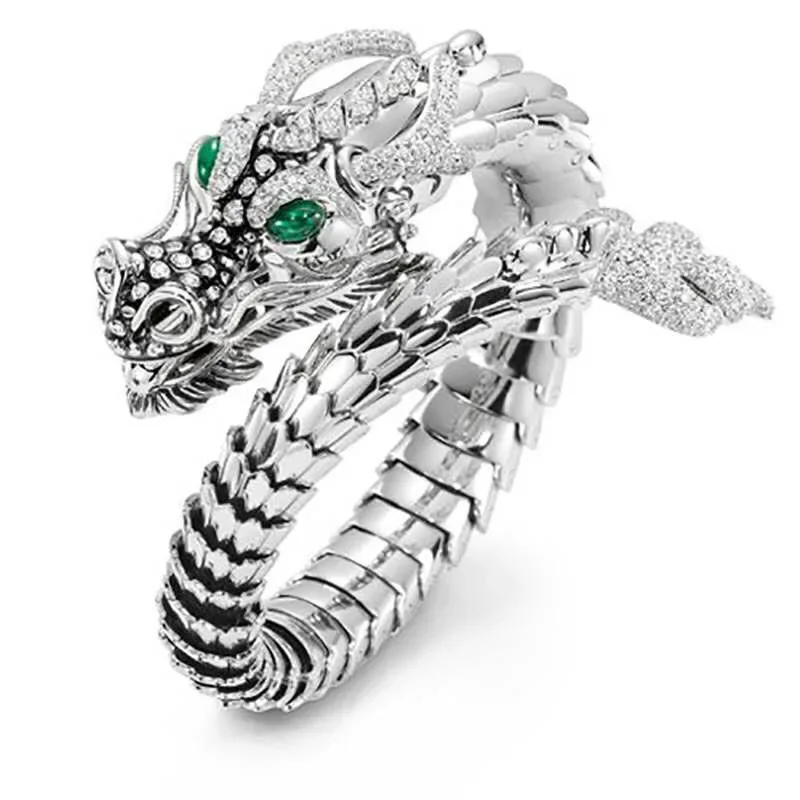 Vendita Calda Drago Anello Aperto Per Uomo Occhi Verdi Spirito Eroico Colore Argento Drago Iperbole Anelli Maschili Gioielli Stile Punk